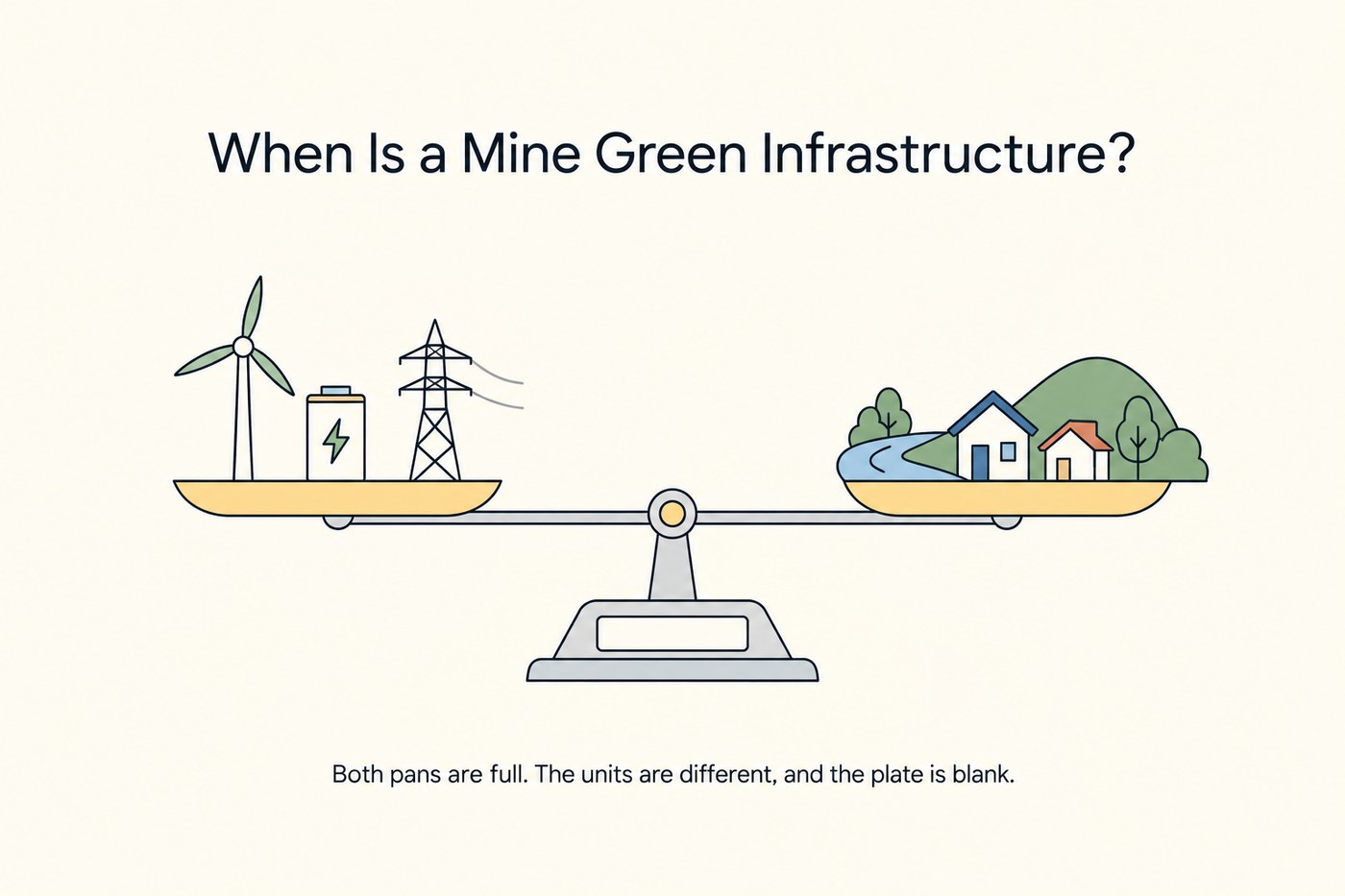 Line-art scene: a set of old balance scales, with a wind turbine, a battery and a power line stacked on one pan, and on the other pan a river, a small settlement and a hillside, the two pans hanging almost level, with a label plate on the central column that has been left blank.