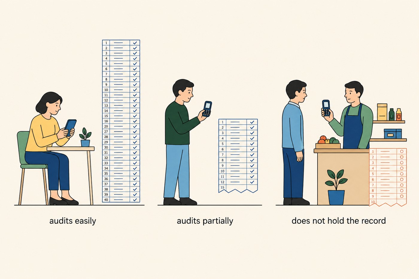 Three figures in a row, each with a transaction log beside them. First figure seated at a desk with a large smartphone, log fully legible with tick marks down all 40 entries, in cobalt, labelled 'audits easily'. Second figure standing with a small feature phone, the log shorter and cut off at entry 15, labelled 'audits partially'. Third figure standing beside a shopkeeper who is holding the phone and the log, in coral, labelled 'does not hold the record'.