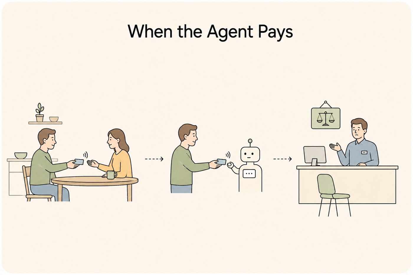 Line-art sequence: on the left a person handing a payment card to a family member, in the middle the same gesture but the receiving hand belongs to a small featureless machine figure, and on the right a dispute counter with a clerk and an empty chair.
