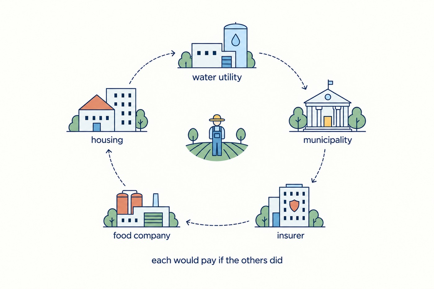 Diagram: five institutional buildings arranged in a loose ring, each labelled: water utility, municipality, insurer, food company, housing. In the middle of the ring, a single small farmer standing in a field. From each building a dashed arrow points not at the field but sideways at the next building along, forming a closed circle of deferral. No arrow reaches the centre. Beneath the ring, a note reads 'each would pay if the others did'.
