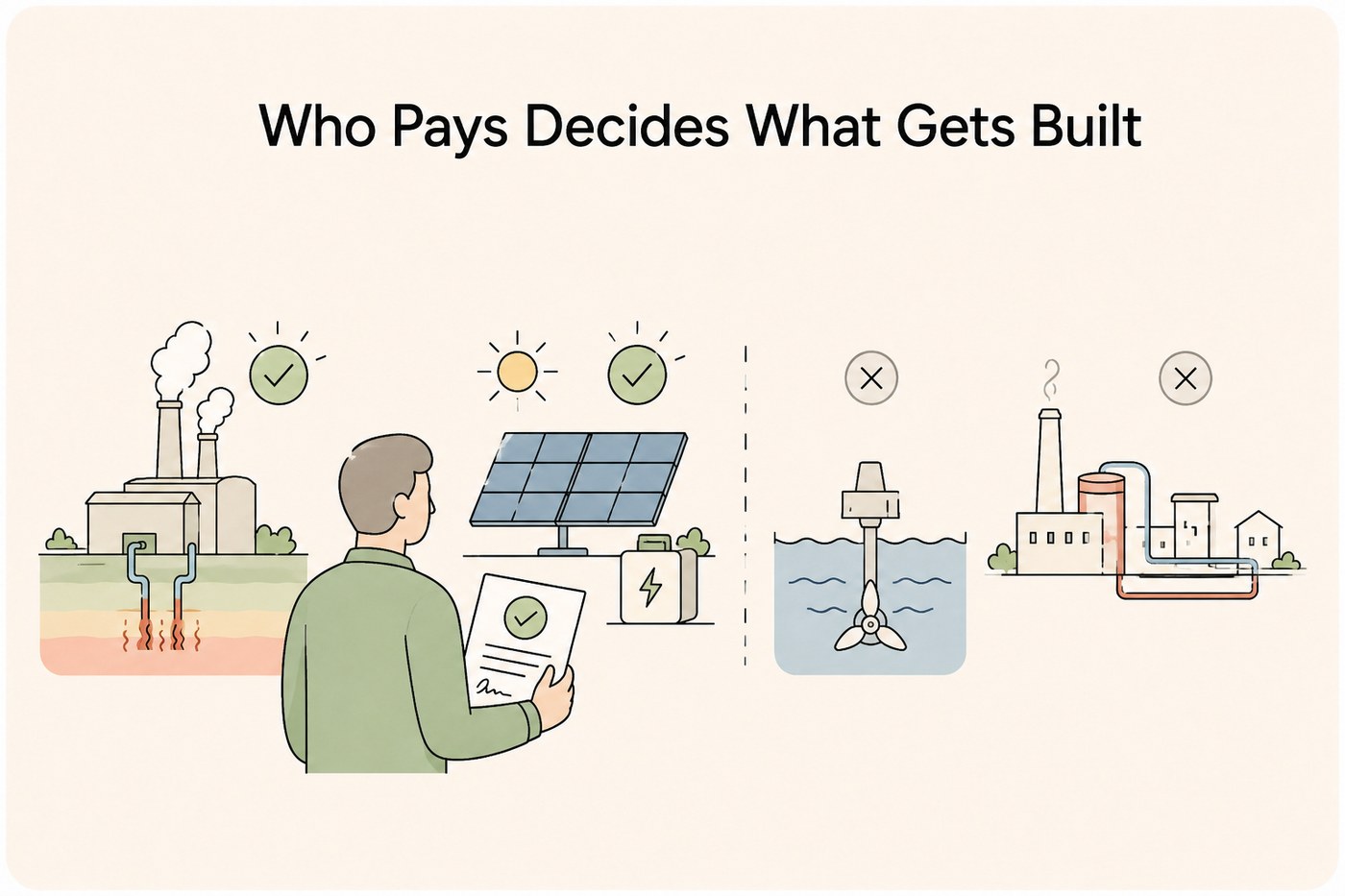 Line-art scene: a row of four clean energy technologies drawn side by side, a geothermal wellhead, a solar array with batteries, a tidal turbine and a district heating plant. A single large buyer figure with a signed contract stands in front of the first two.