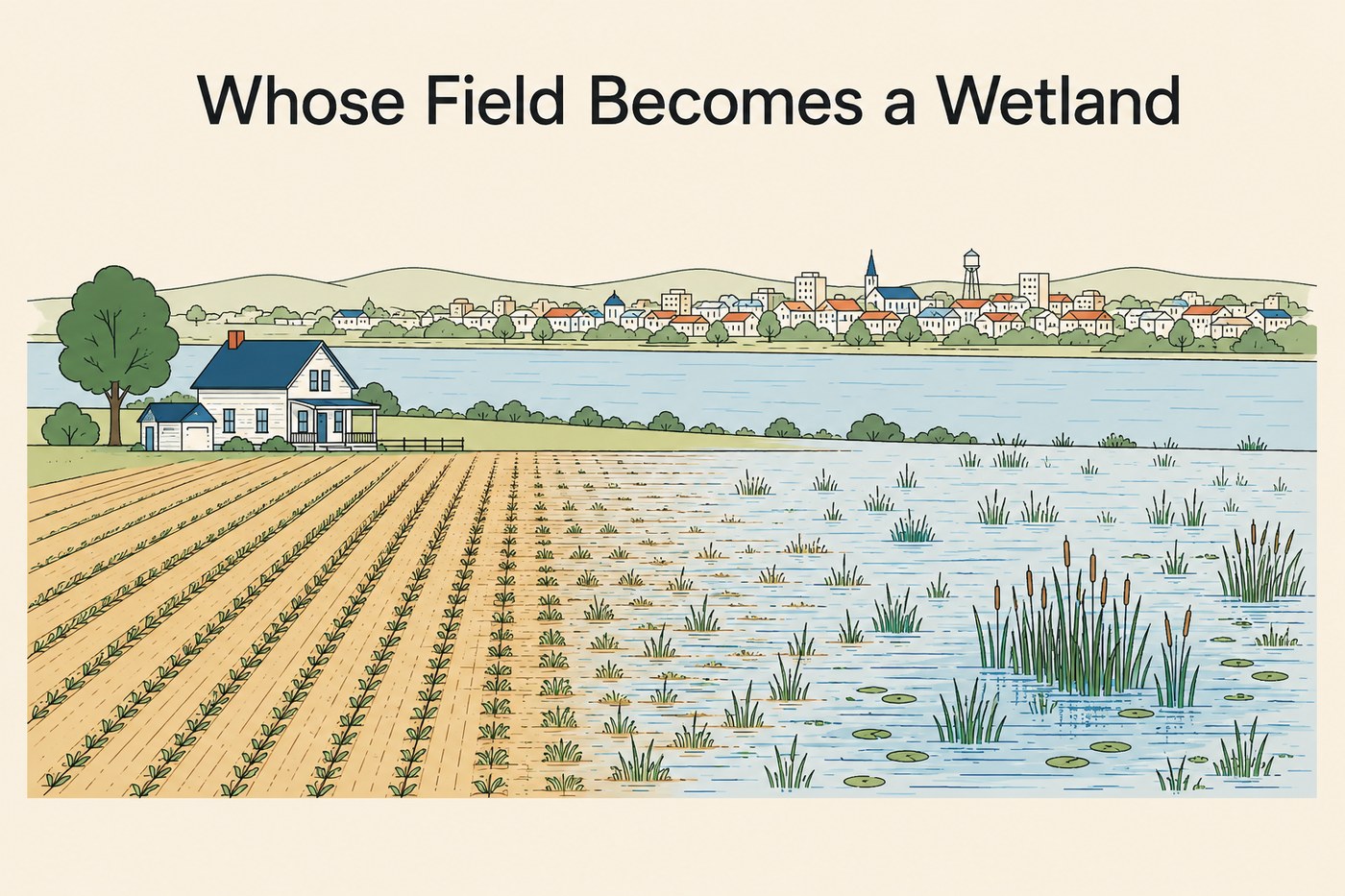 Line-art scene: a single farm field in the foreground being drawn over with water hatching to indicate rewetting, with one farmhouse beside it, while in the far background a whole town of small rooftops sits behind a river, drawn much smaller and unlabelled.