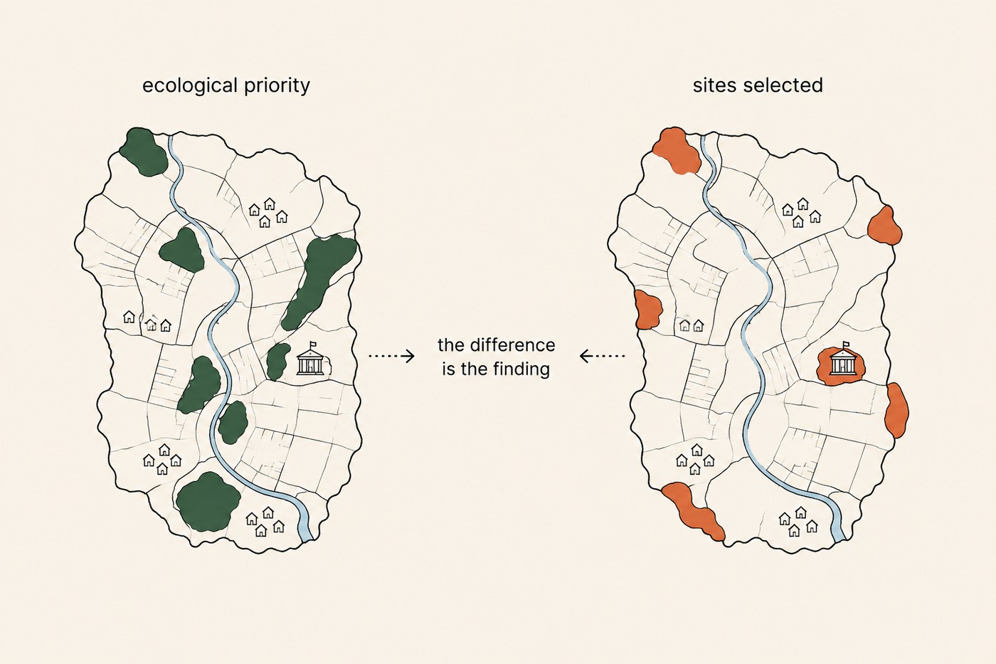 Two identical-shape regional maps side by side, each with a river, settlements and field boundaries. Left map labelled 'ecological priority', with six shaded restoration patches in forest green distributed across the catchment including several on prime land near the river. Right map labelled 'sites selected', with six shaded patches in coral, mostly clustered at the edges on marginal upland and on a plot marked with a small public building symbol, and conspicuously absent from the river margin. Between the two maps, a small annotation: 'the difference is the finding'.