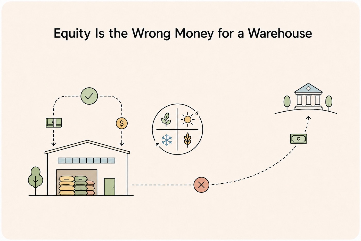 Line-art sequence: a warehouse of grain sacks on the left; above it two funding routes drawn as separate paths, one a long ten-year arrow curving off to the right, the other a short tight loop returning to the warehouse within one season; a harvest calendar wheel sits between them.