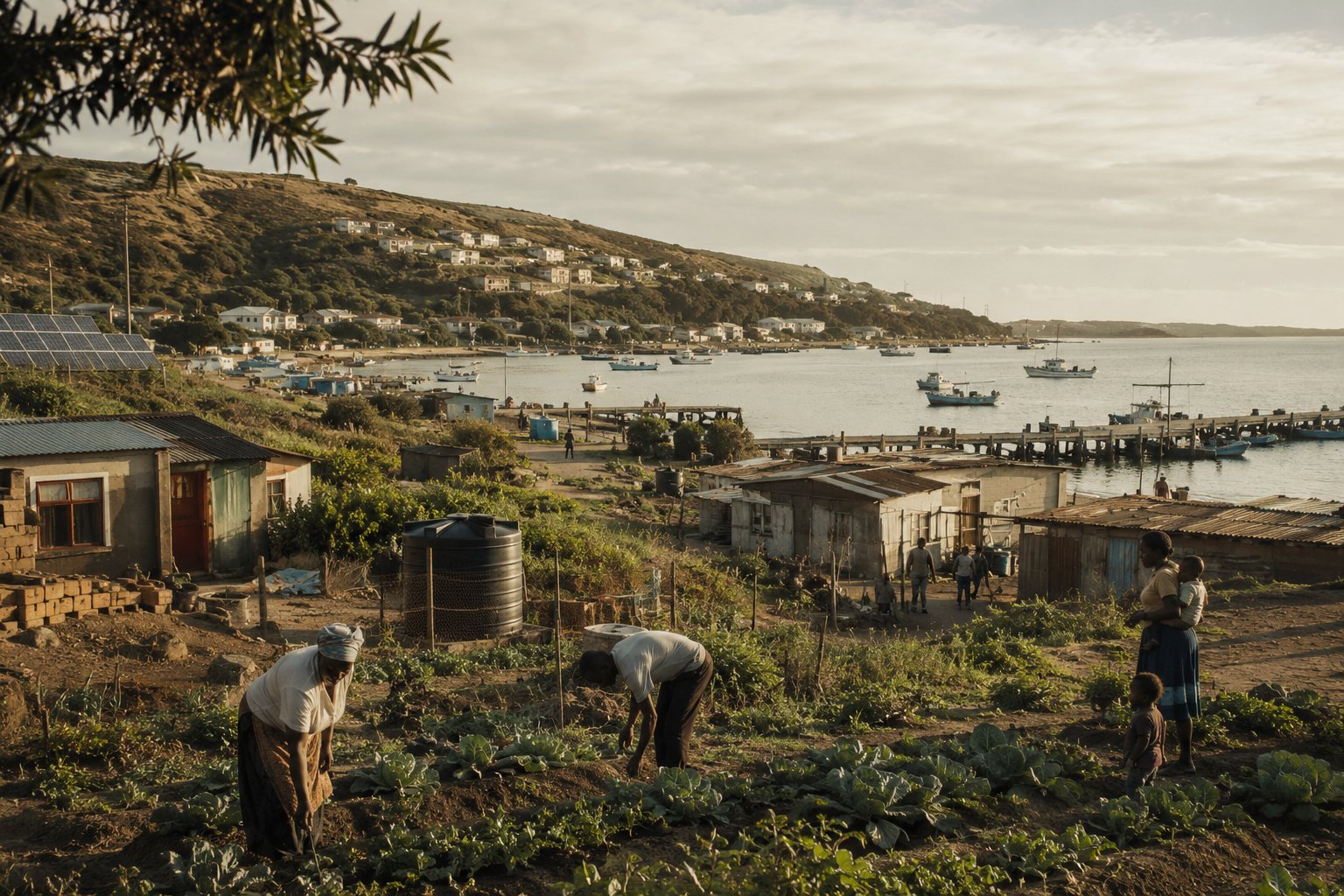 A coastal fishing community at sunset: household kitchen gardens in the foreground, a black water tank, rooftop solar panels on a nearby shack, and small fishing boats moored along the pier.