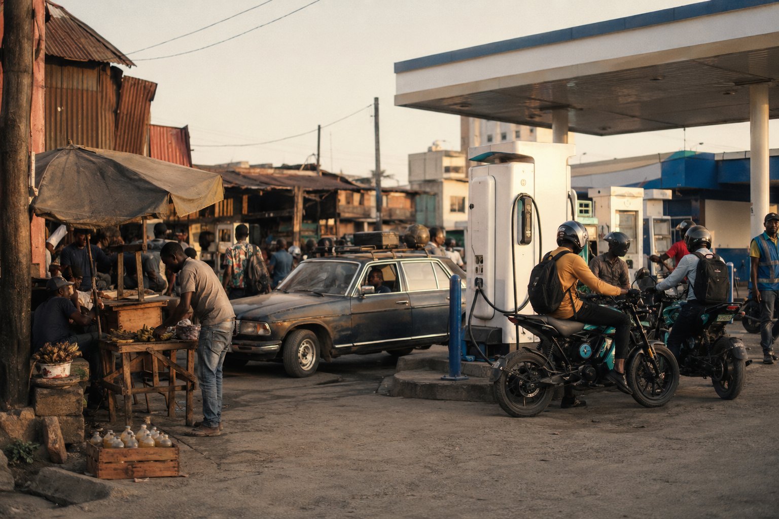 Electric motorcycles queueing at a petrol-station forecourt in a busy working street, alongside an ageing sedan and a street vendor.