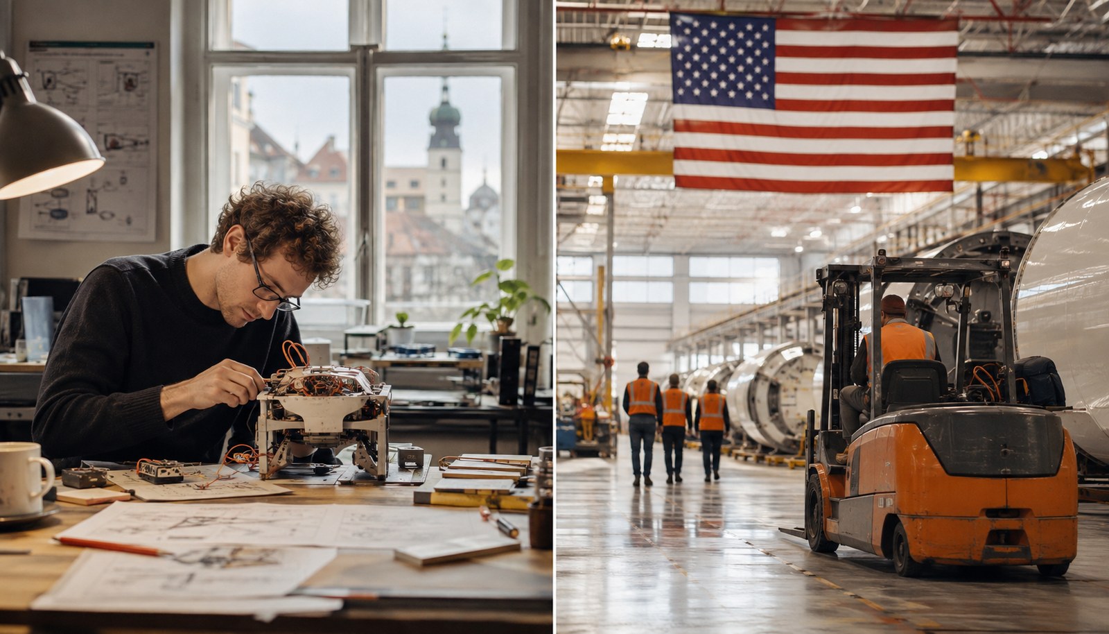 A photographic diptych. On the left, a young European engineer at a workbench in a small studio, hand-soldering a delicate robotic prototype; a European city skyline with church spires is visible through the window behind him, with schematics pinned on the wall. On the right, a large American factory floor with a US flag hanging from the ceiling, three workers in orange safety vests walking past cylindrical industrial modules, and a forklift moving stock alongside them.