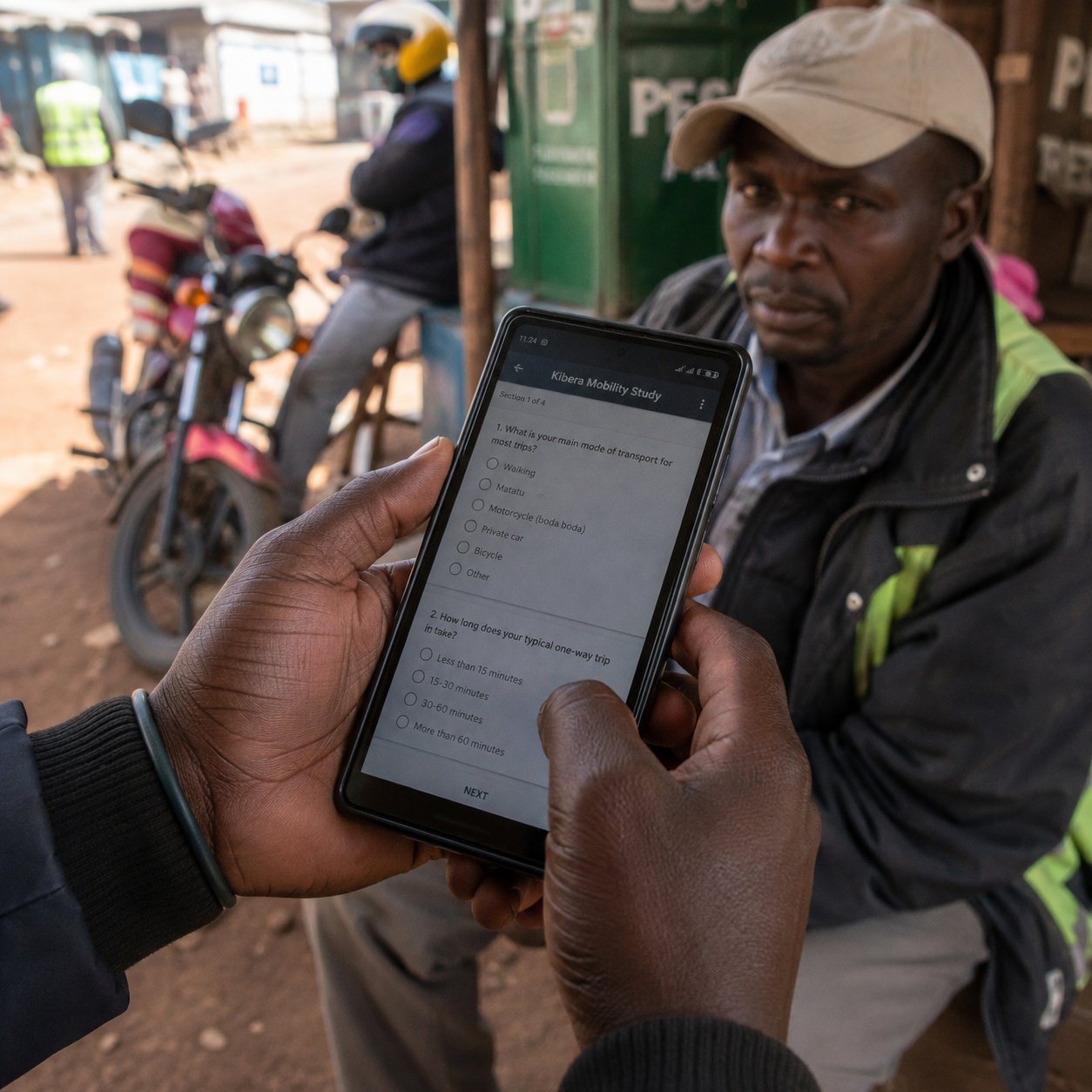 A researcher holds a phone displaying a mobility survey with the title 'Kibera Mobility Study'; a respondent in a cap sits opposite, thinking through the answer. A boda-boda motorcycle is parked behind them.