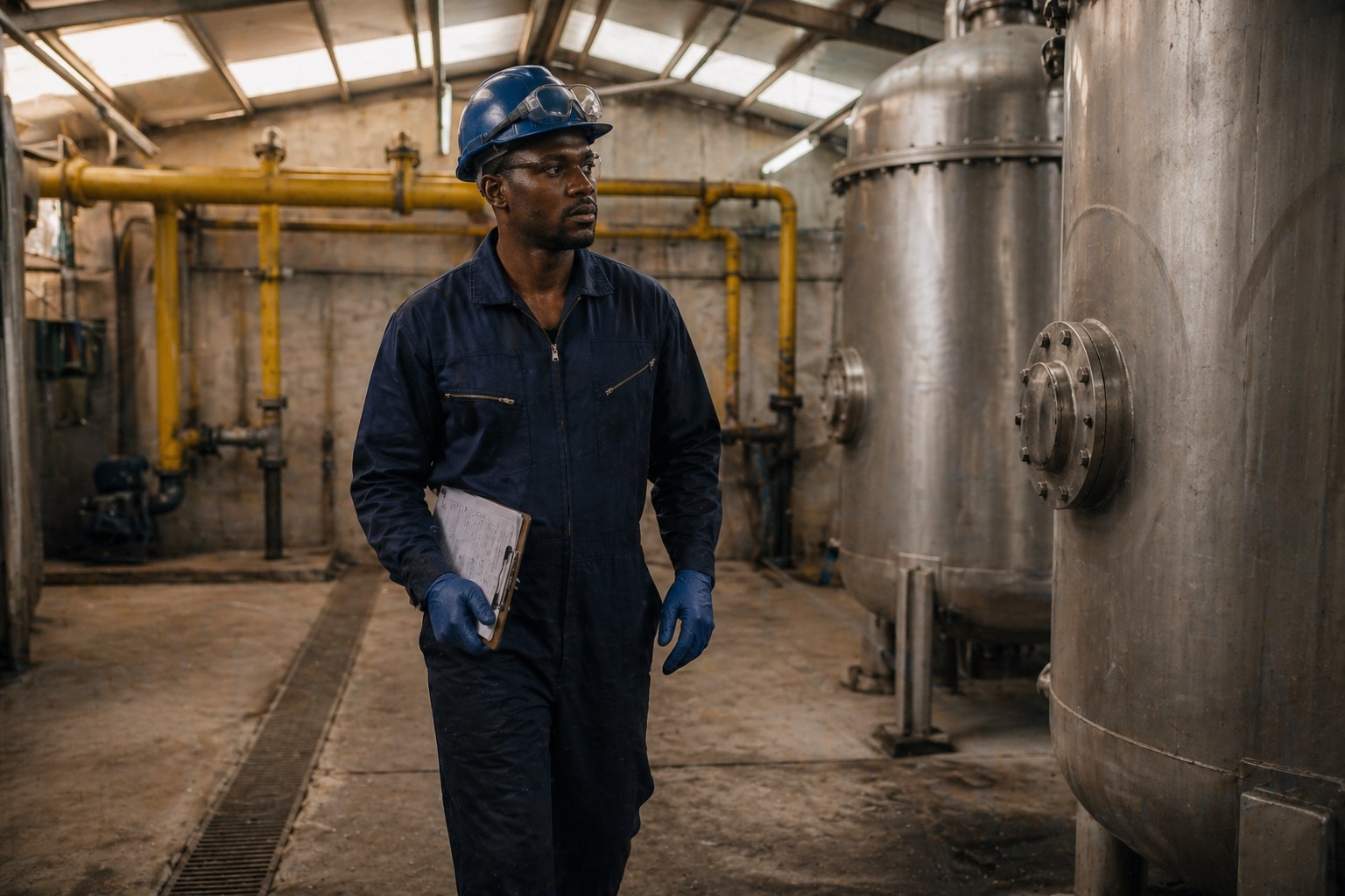 A young African engineer in dark blue coveralls, a blue hard hat, safety glasses and blue nitrile gloves, holding a clipboard and pen, walking through a small industrial processing plant with polished stainless-steel pressure vessels on the right and yellow overhead piping running along the wall on the left.